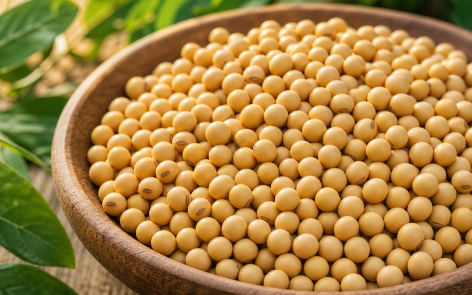 Soybeans in a wooden bowl