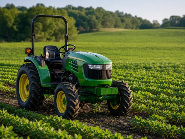 Farm tractor in a green crop field