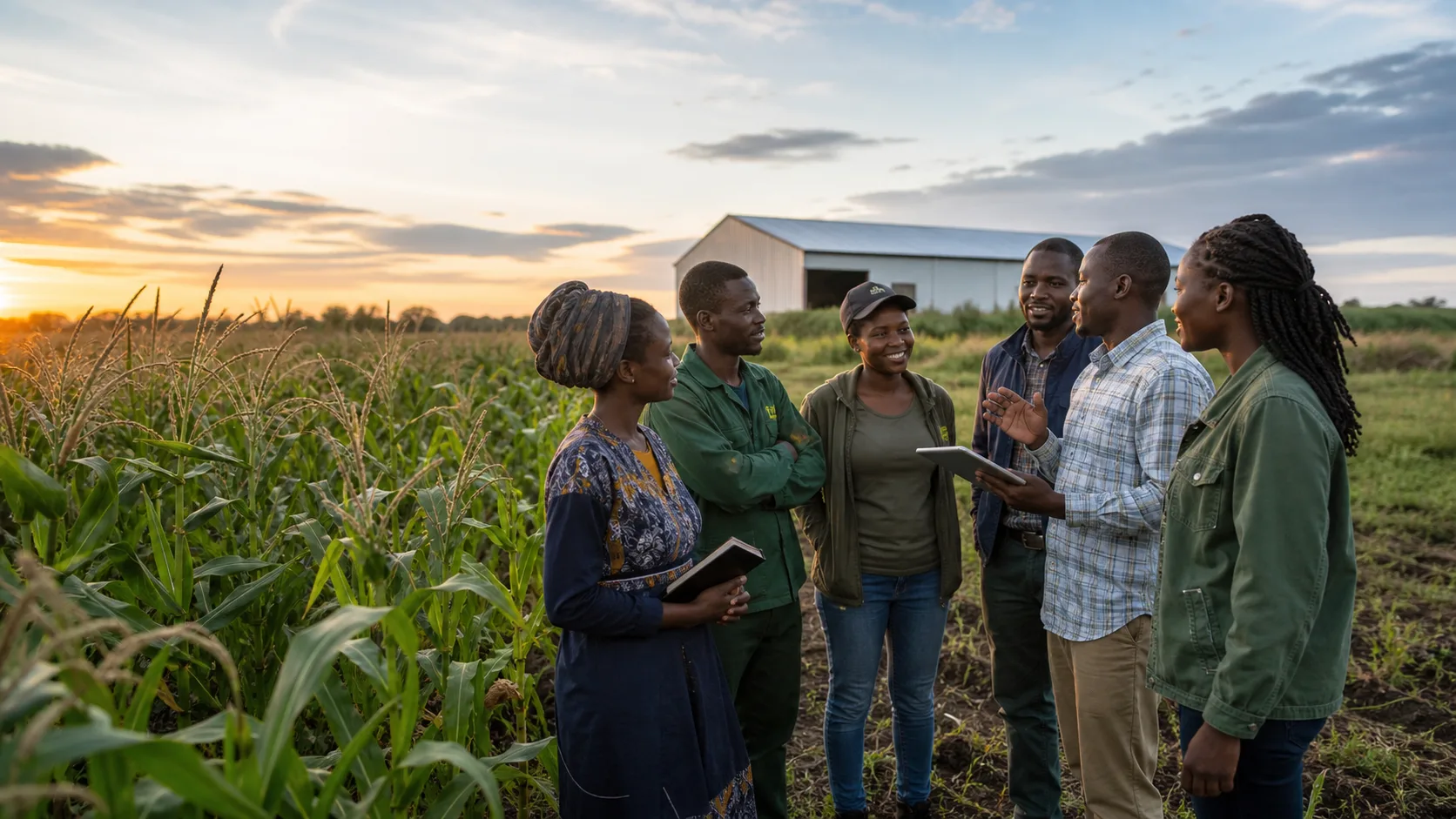 Young farmers discussing a harvest plan in a maize field