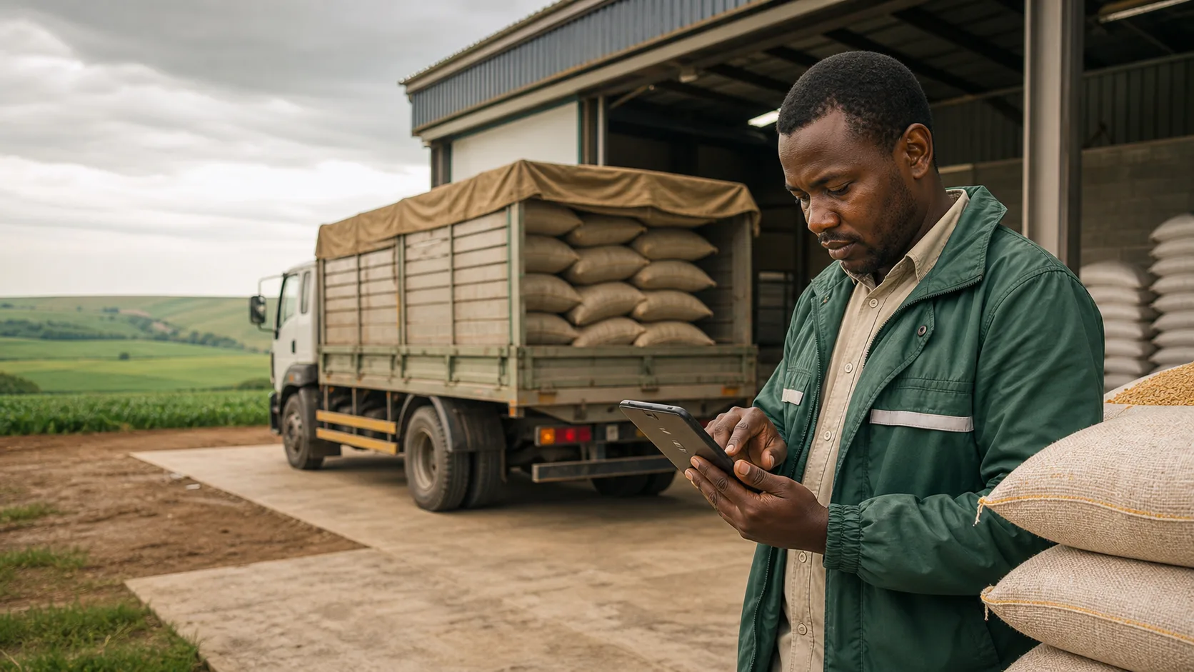 Agricultural logistics coordinator reviewing a tablet beside a loaded grain truck