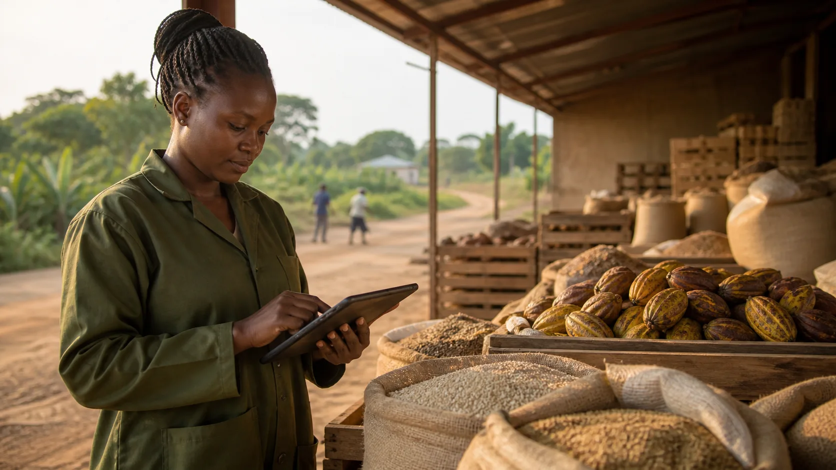 Agricultural operator recording produce intake beside cocoa and grain