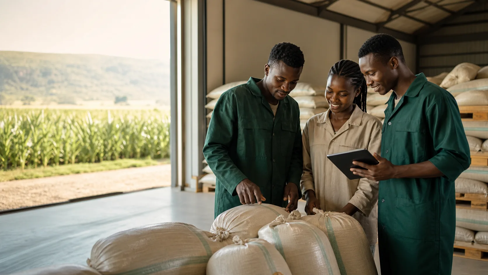 Young cooperative members inspecting grain sacks inside an agricultural warehouse