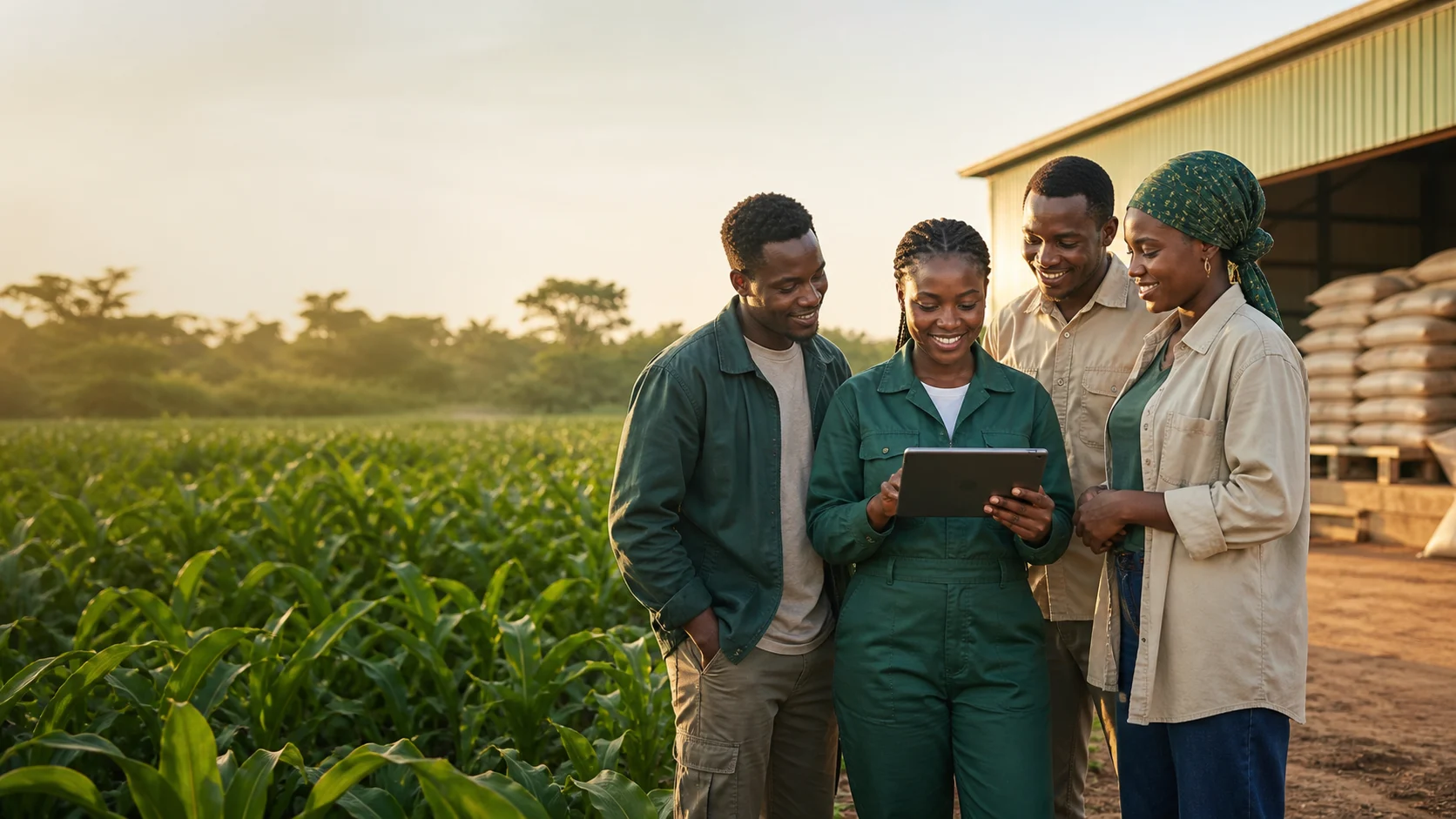 Four smiling TransROC cooperative members reviewing a tablet beside a maize field and agricultural warehouse